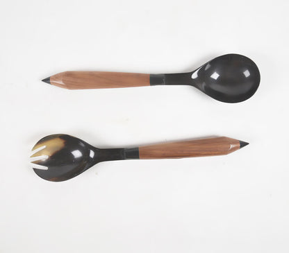 Recycled Horn &amp; Wood Salad Spoons (set of 2)-1