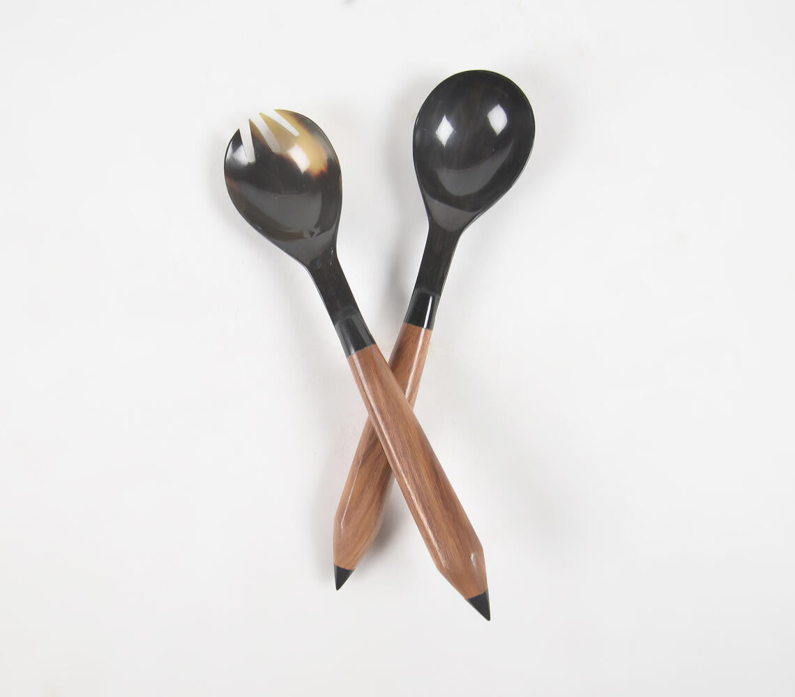 Recycled Horn &amp; Wood Salad Spoons (set of 2)-2