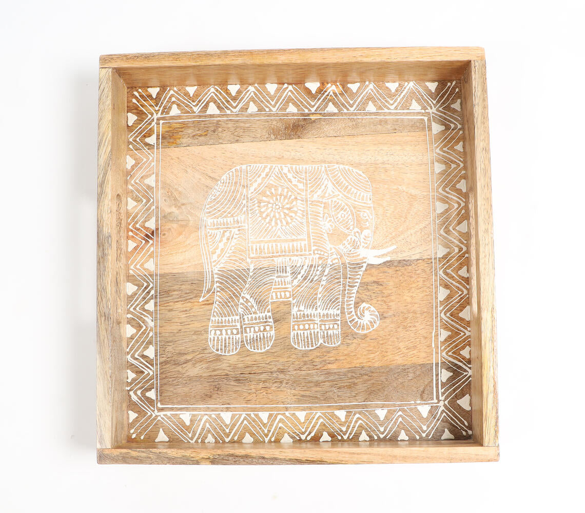 Elephant Motif Hand Painted Wooden Tray-2