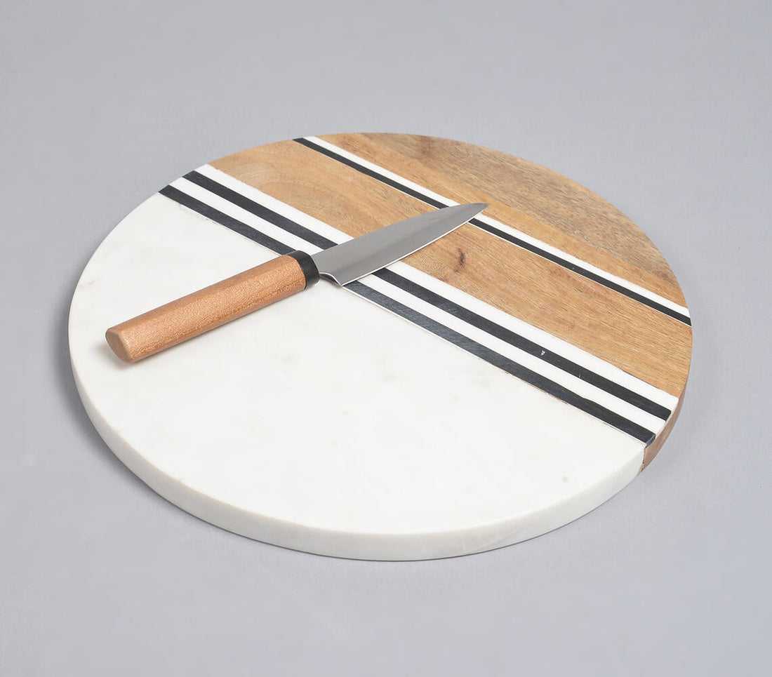 Hand Cut Marble &amp; Mango Wood Round Chopping Board-0