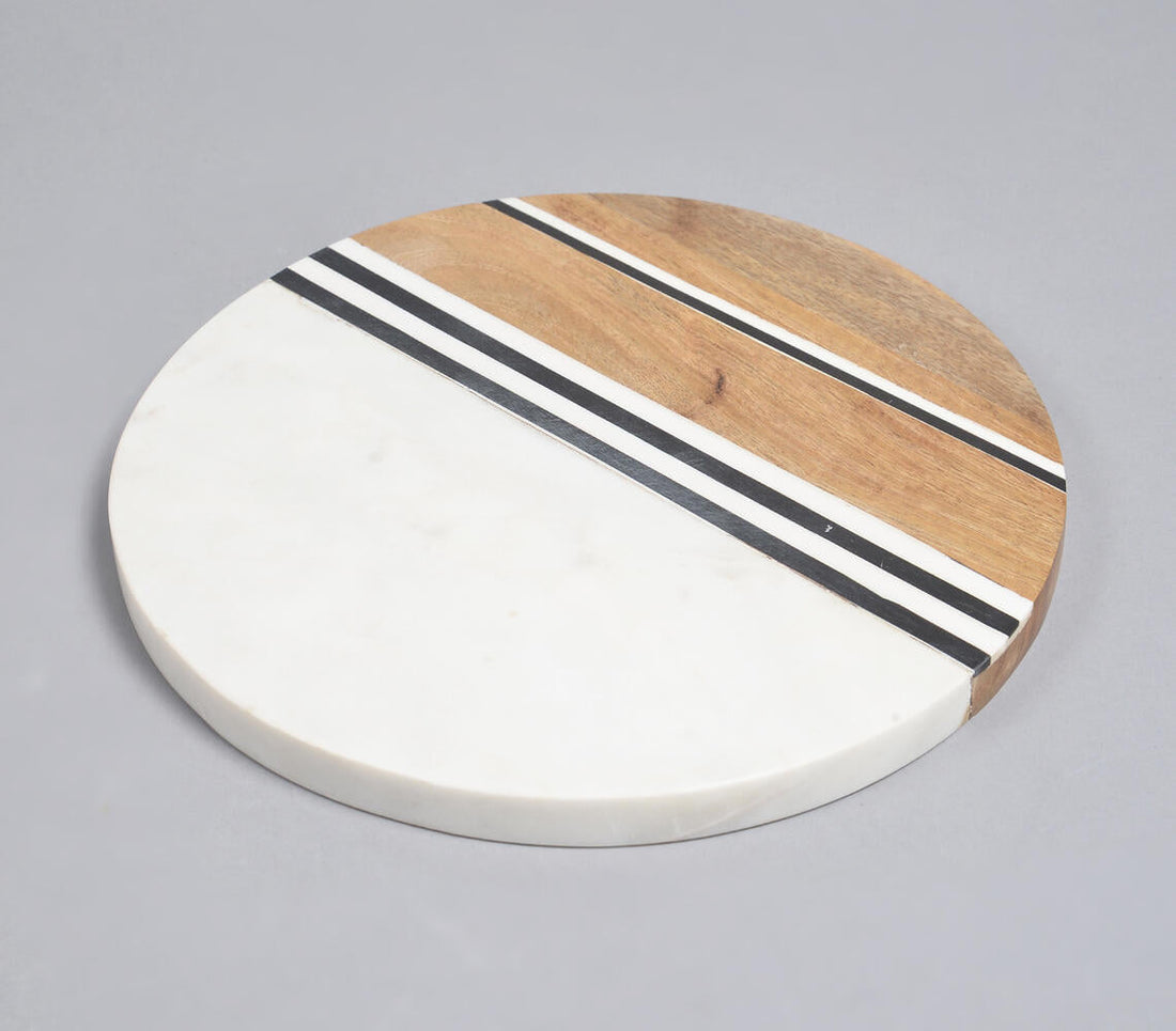 Hand Cut Marble &amp; Mango Wood Round Chopping Board-1