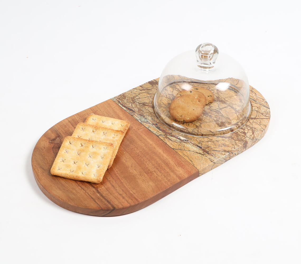 Marble &amp; Wood Capsule-Shaped Cake Platter With Glass Dome-0