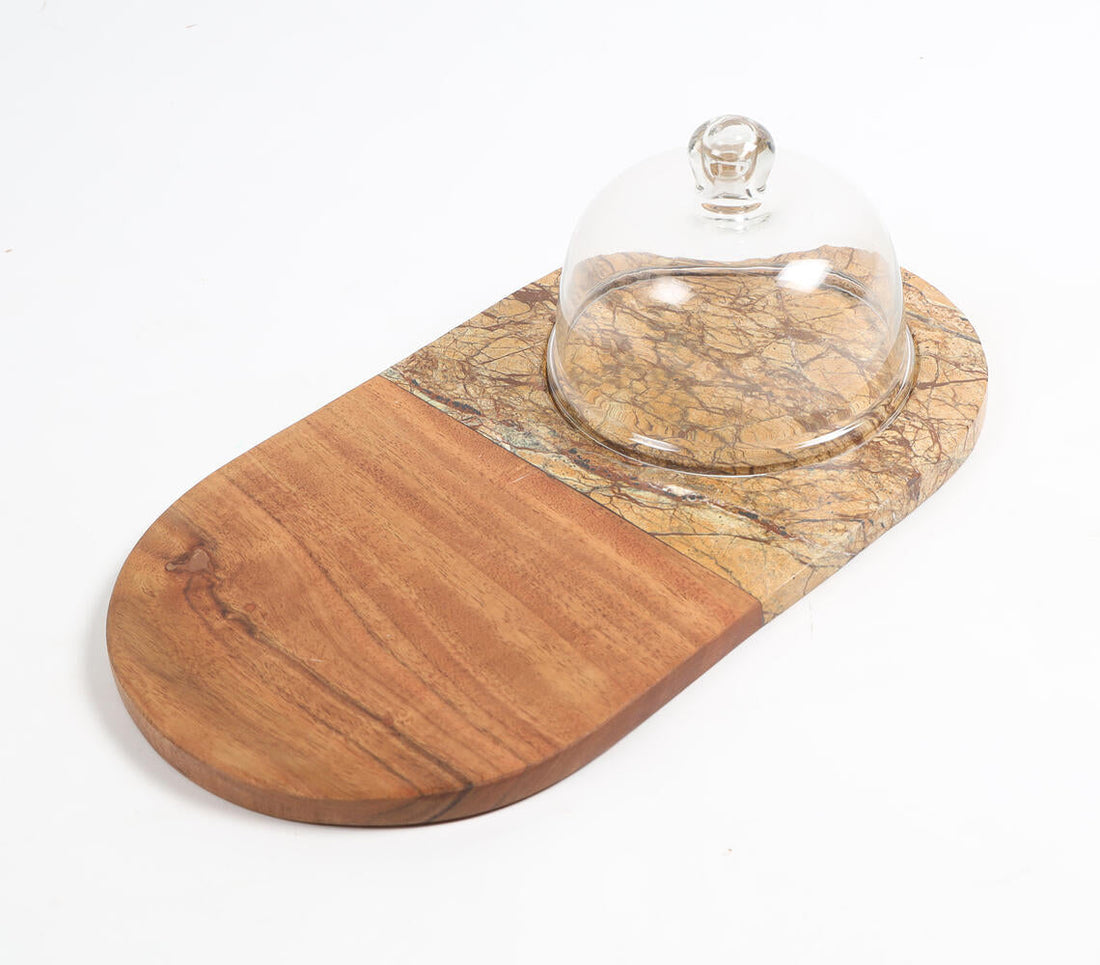 Marble &amp; Wood Capsule-Shaped Cake Platter With Glass Dome-1