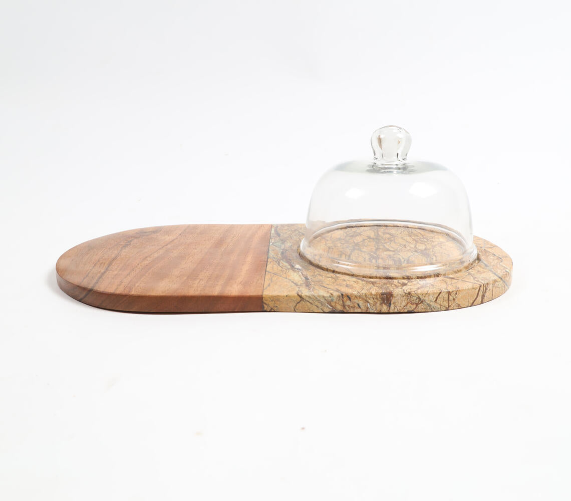 Marble &amp; Wood Capsule-Shaped Cake Platter With Glass Dome-2