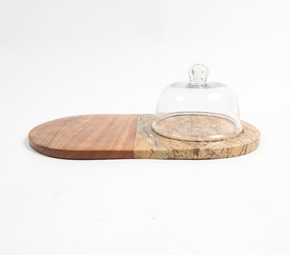 Marble &amp; Wood Capsule-Shaped Cake Platter With Glass Dome-2