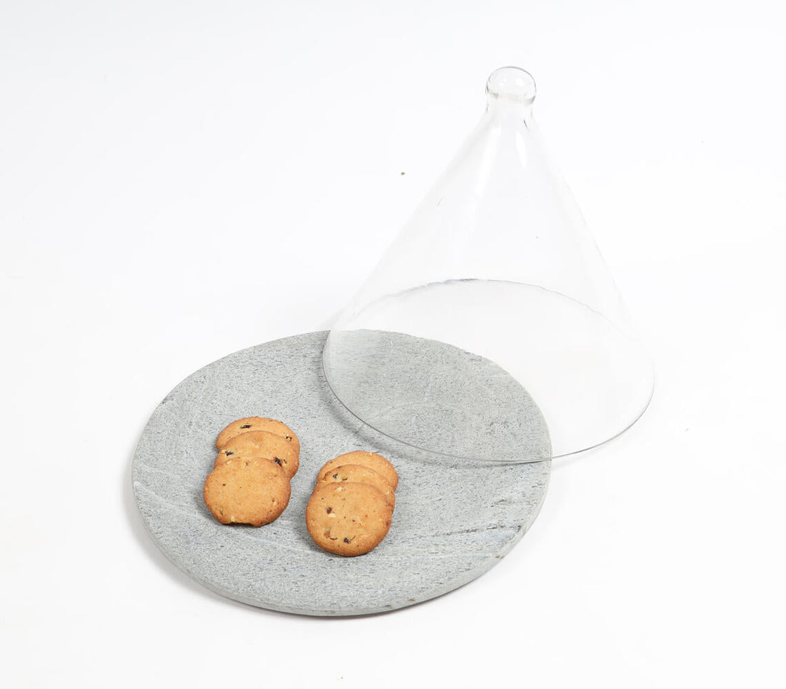 Grey Slate Cake Plate With Glass Dome-0
