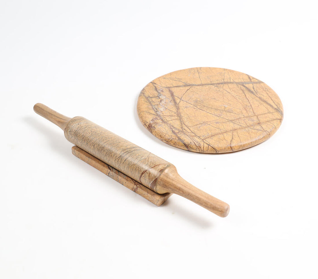 Abstract Marble &amp; Wooden Rolling Pin With Board-0