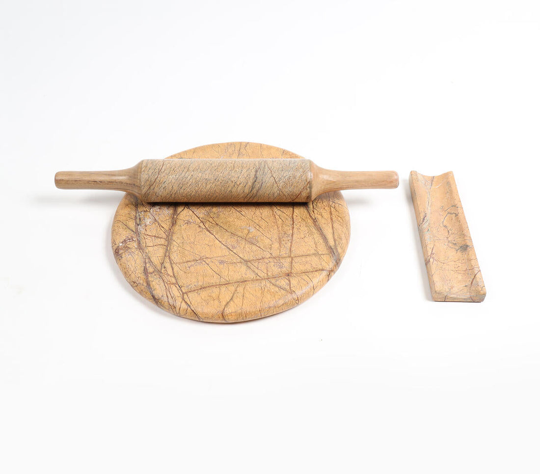 Abstract Marble &amp; Wooden Rolling Pin With Board-1