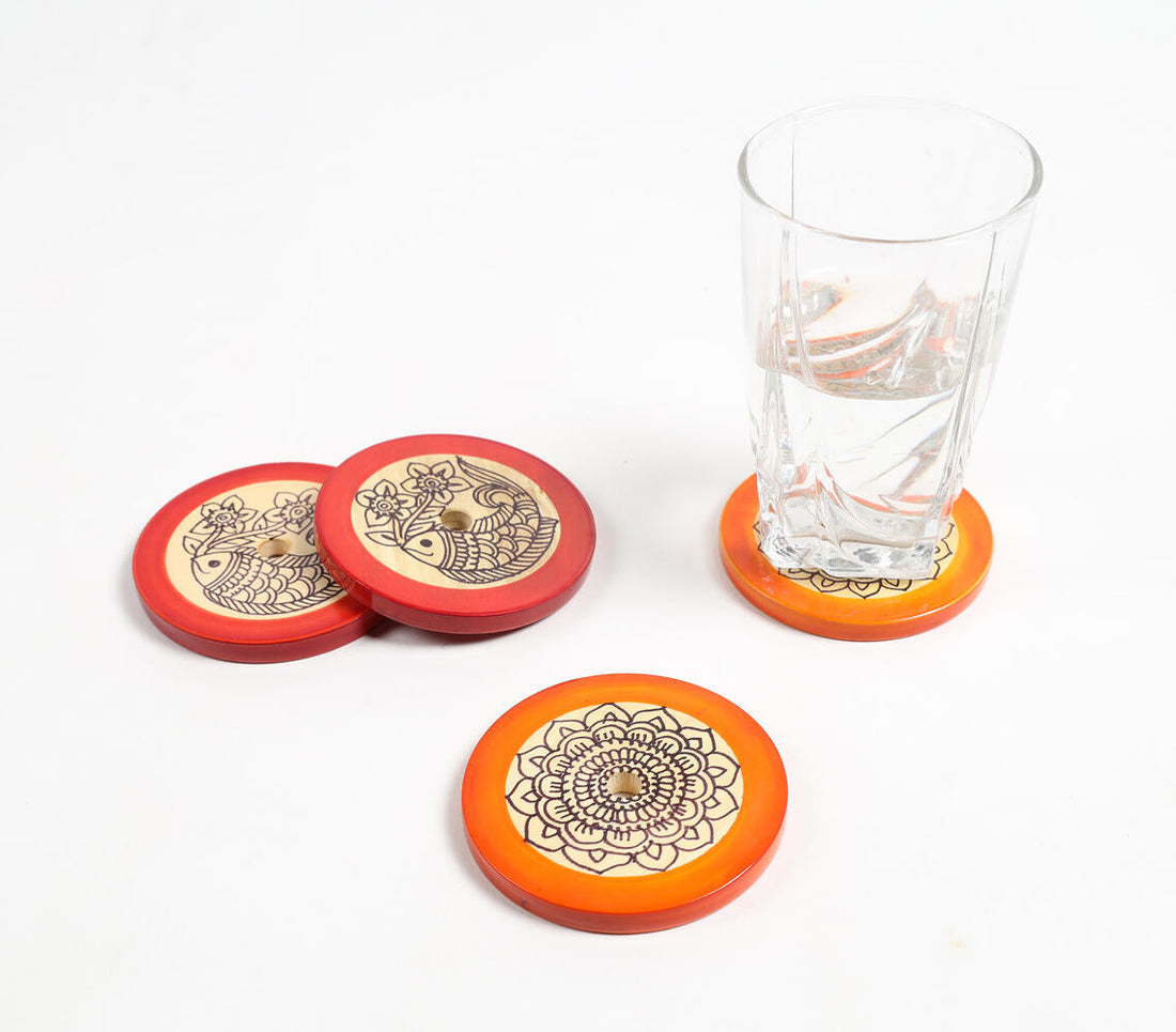 Hand Painted &amp; Turned Wooden Channapatna Coasters with Stand (set of 4)_1-0
