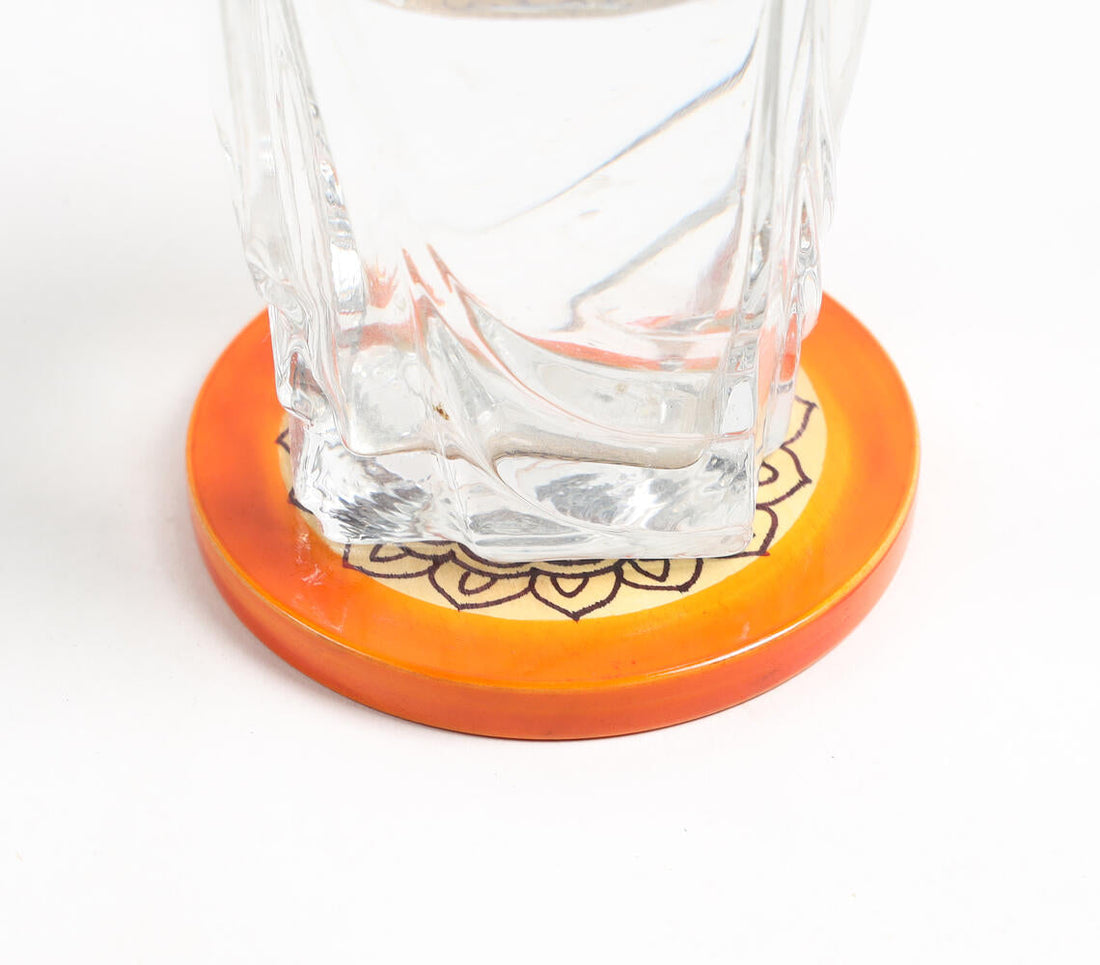Hand Painted &amp; Turned Wooden Channapatna Coasters with Stand (set of 4)_1-1