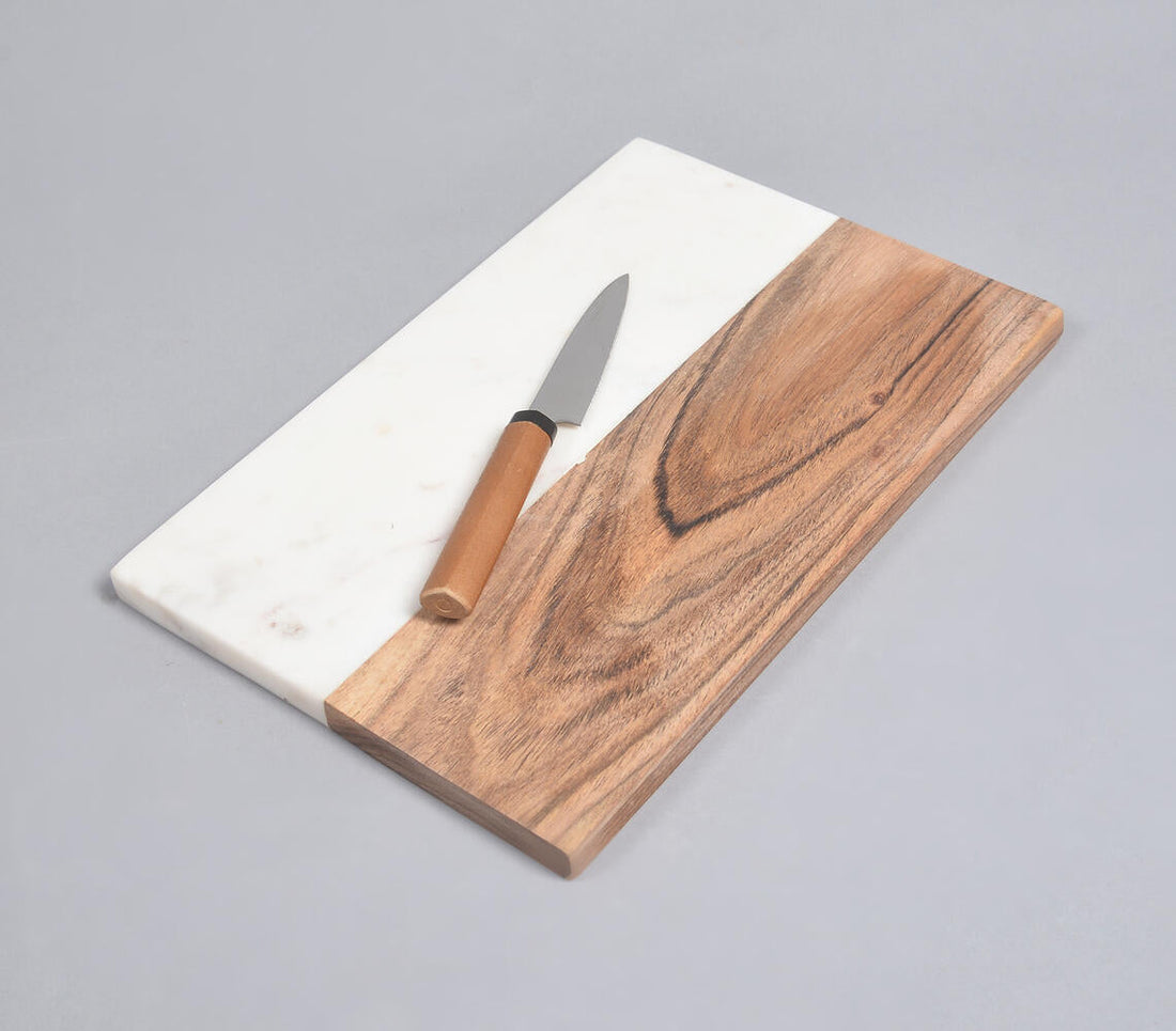 Hand Cut Acacia Wood &amp; White Marble Colorblock Chopping Board-0