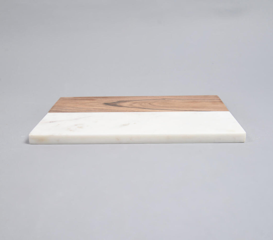 Hand Cut Acacia Wood &amp; White Marble Colorblock Chopping Board-1
