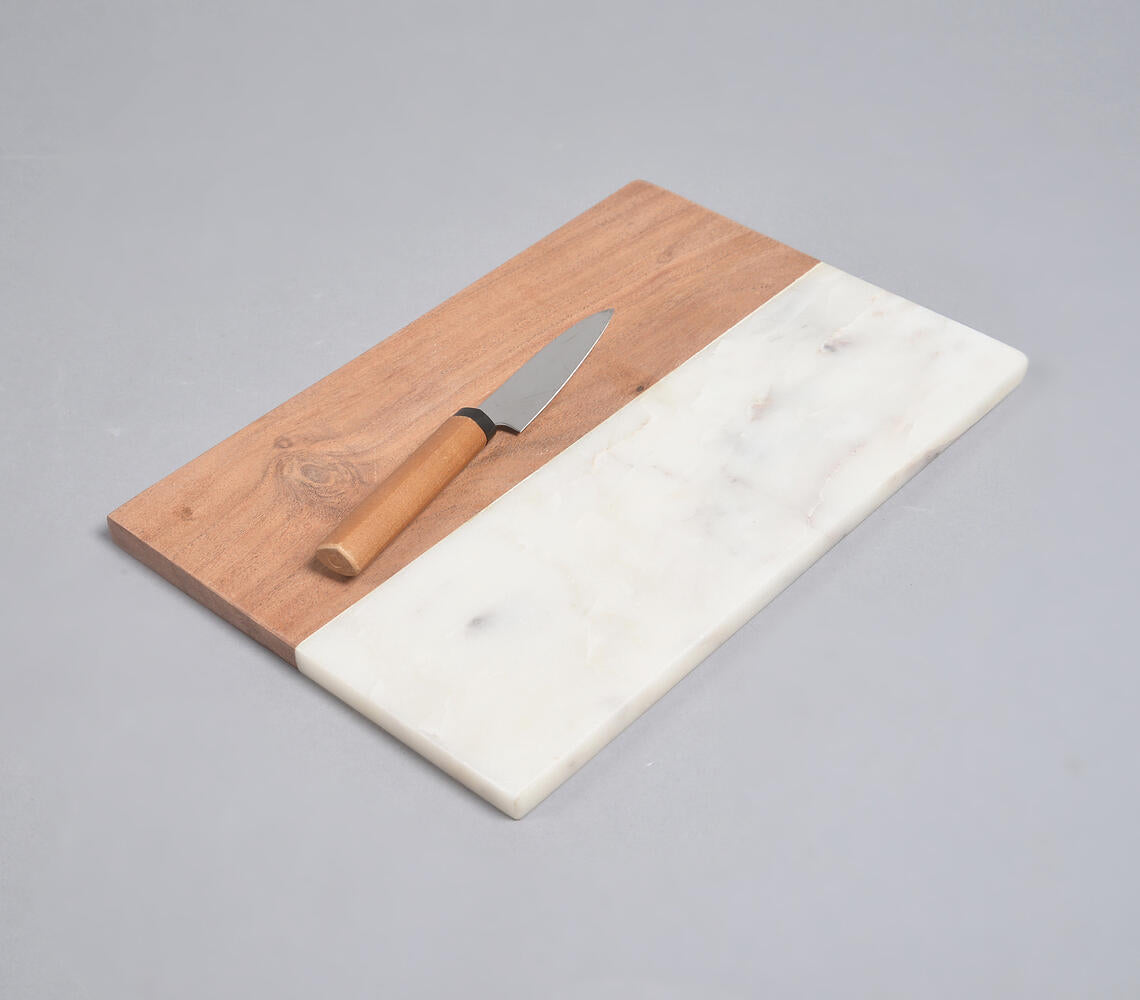 Hand Cut Acacia Wood &amp; White Marble Minimal Chopping Board-0