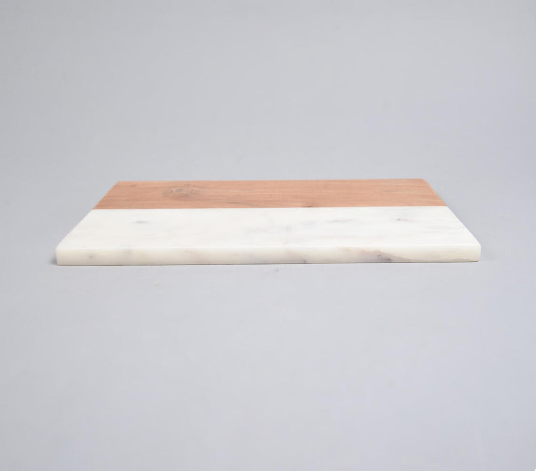 Hand Cut Acacia Wood &amp; White Marble Minimal Chopping Board-1