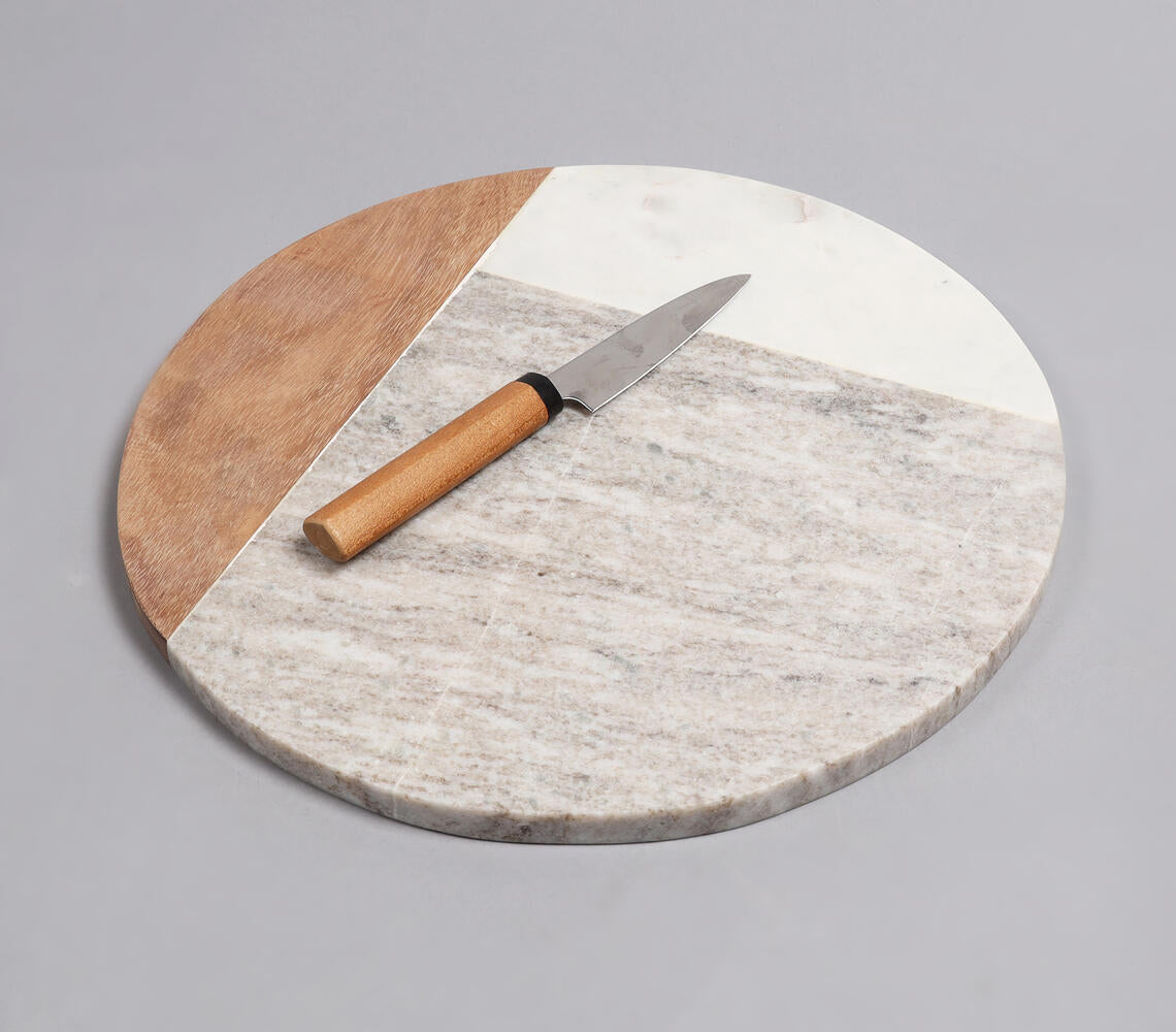 Marble &amp; Acacia Wood Colorblock Round Chopping Board-0