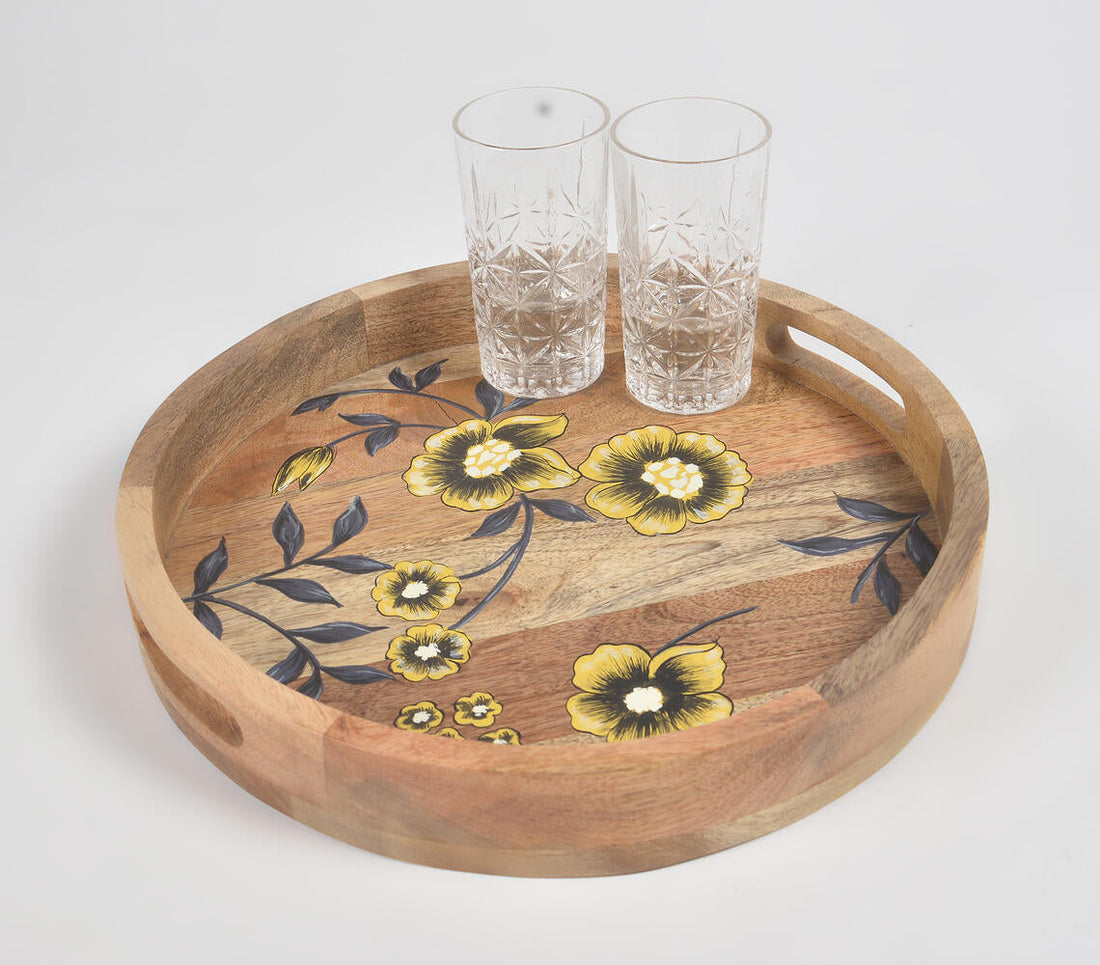 Hand printed Floral Mango Wood Tray-0