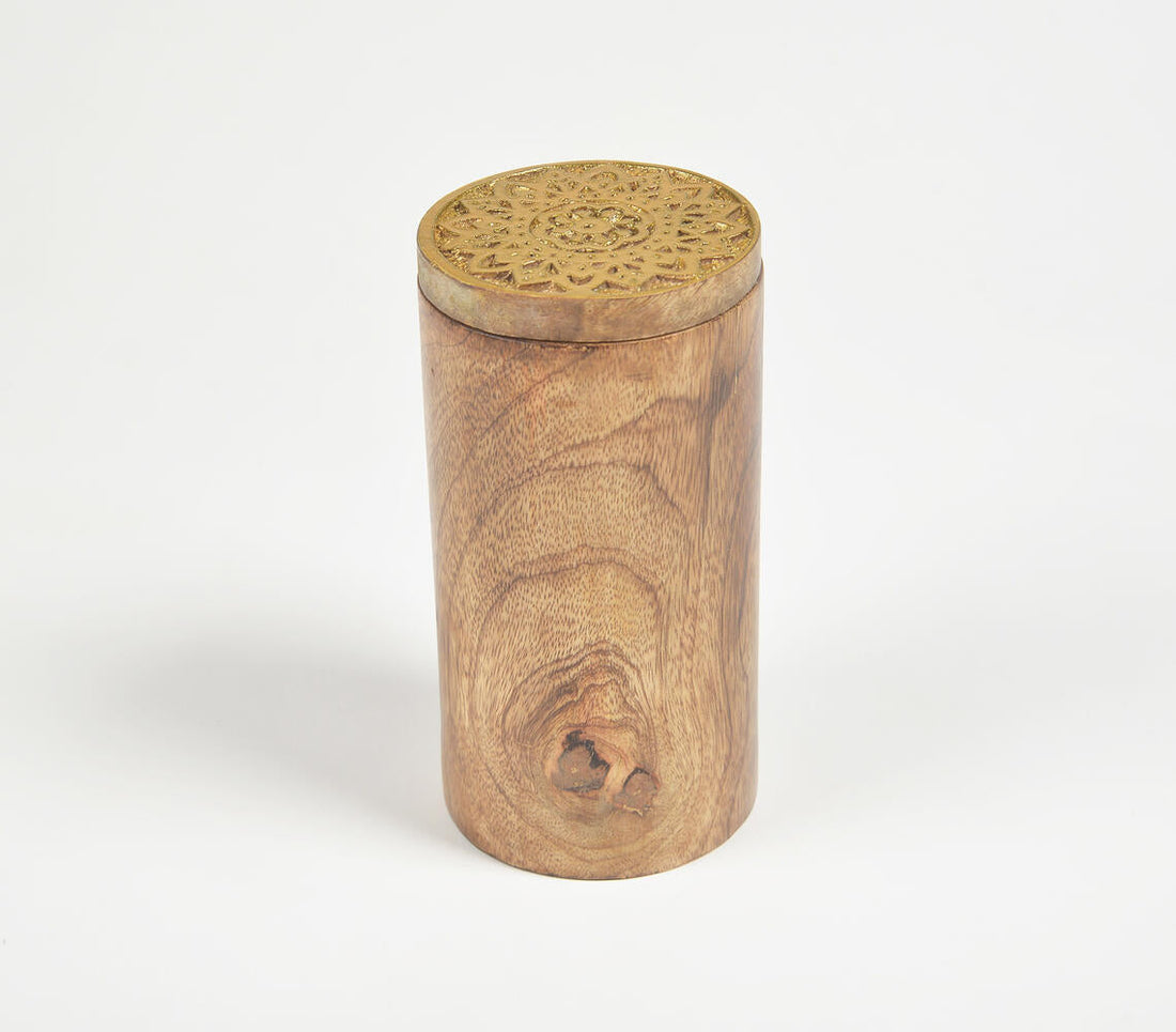 Wood Turned Cylindrical Storage Jar with Carved Lid-1