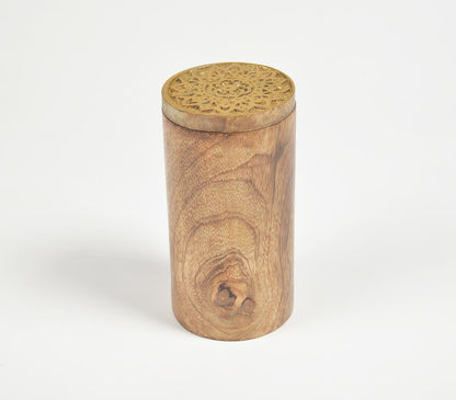 Wood Turned Cylindrical Storage Jar with Carved Lid-1