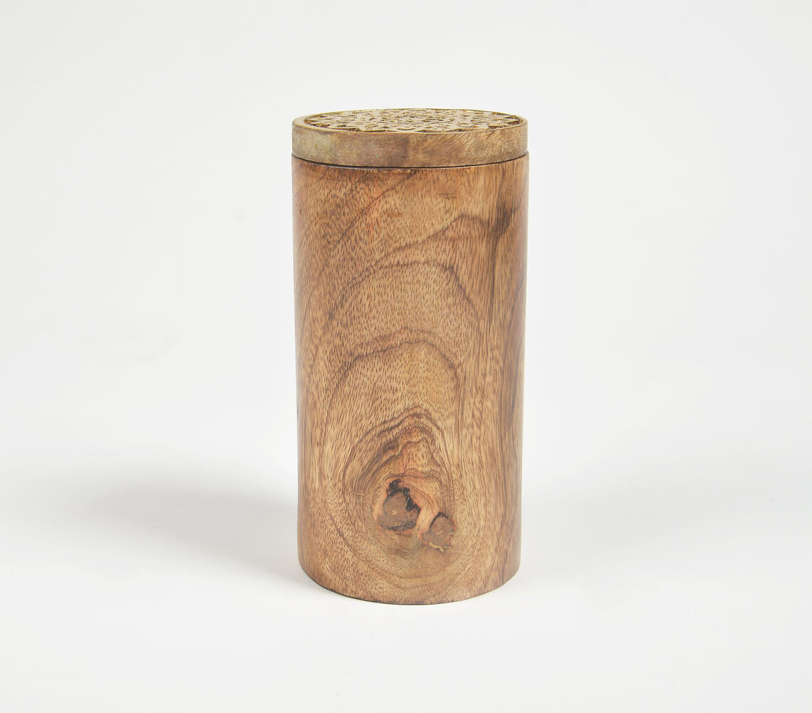 Wood Turned Cylindrical Storage Jar with Carved Lid-3