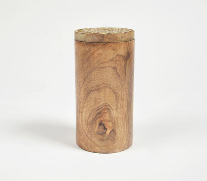 Wood Turned Cylindrical Storage Jar with Carved Lid-3