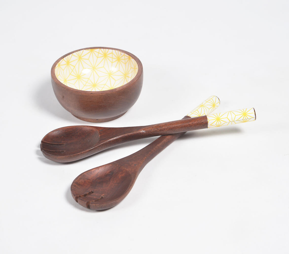 Enamelled Mango Wood Bowl &amp; 2 Salad Servers-0