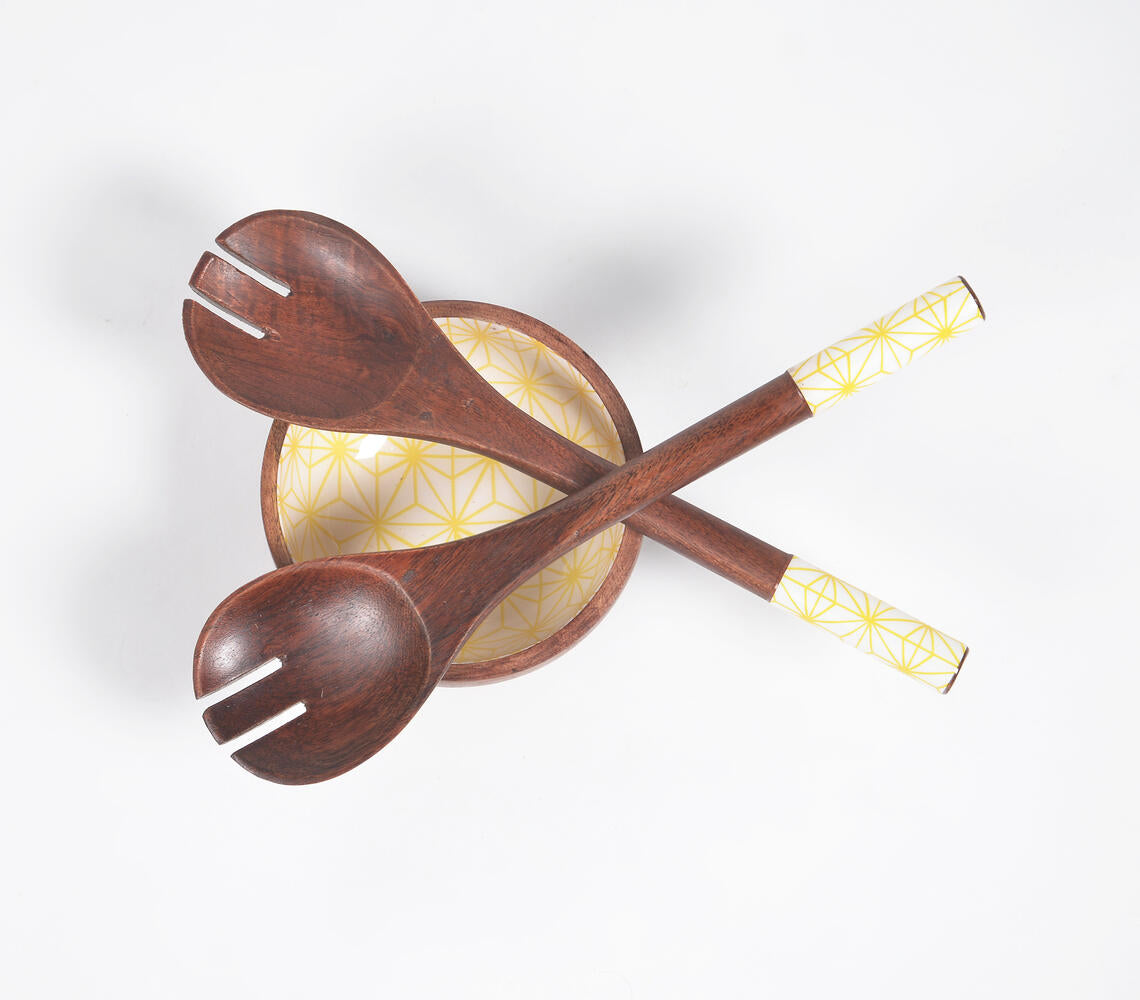 Enamelled Mango Wood Bowl &amp; 2 Salad Servers-1