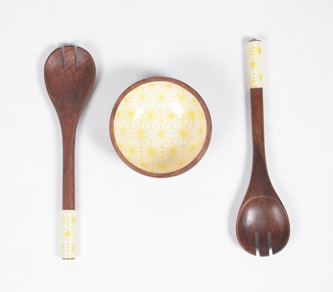 Enamelled Mango Wood Bowl &amp; 2 Salad Servers-2