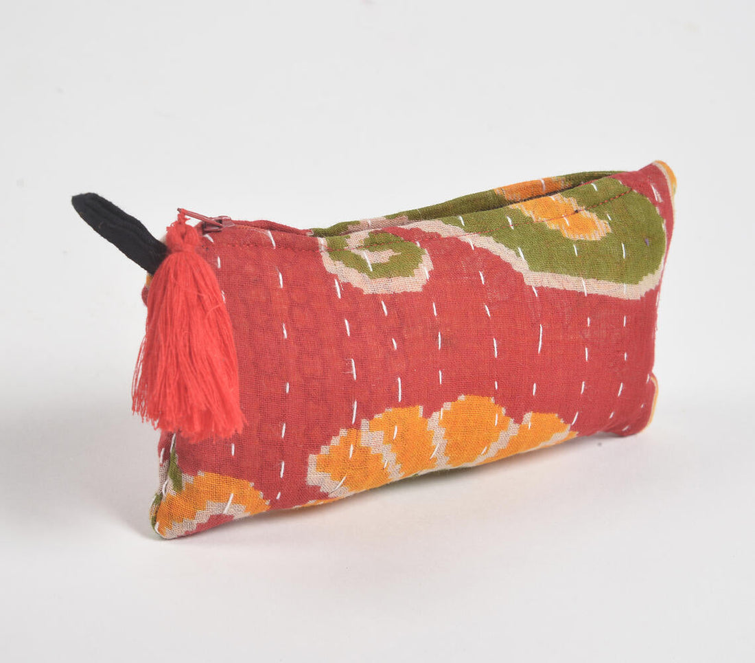 Hand Stitched Upcycled Fabric Red Pouch-0