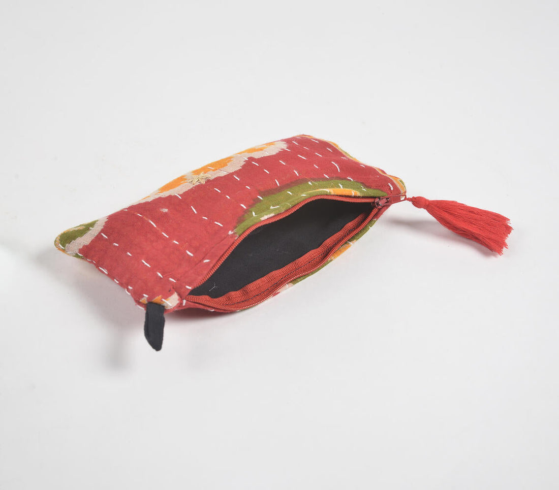 Hand Stitched Upcycled Fabric Red Pouch-1