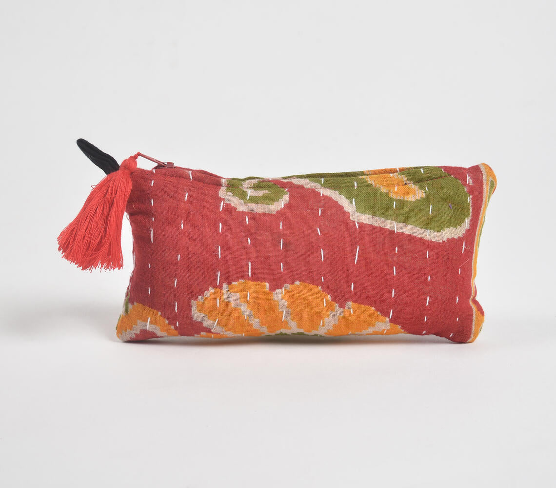 Hand Stitched Upcycled Fabric Red Pouch-2