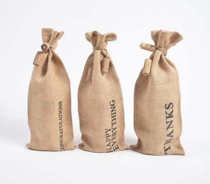 Typographic Drawstring Jute Wine Bags (Set of 3)-1