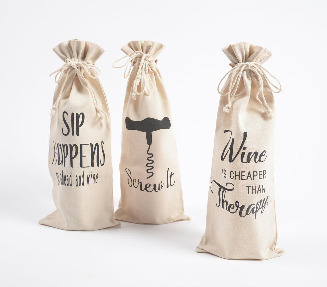 Typographic Drawstring Canvas Wine Bags (Set of 3)-0