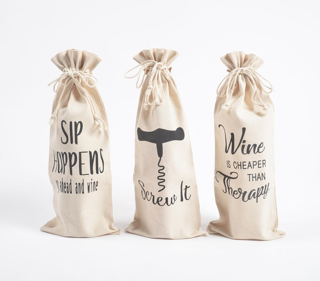 Typographic Drawstring Canvas Wine Bags (Set of 3)-1