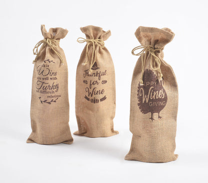 Typographic Drawstring Jute Wine Bags (Set of 3)-0