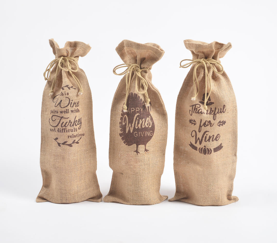 Typographic Drawstring Jute Wine Bags (Set of 3)-1