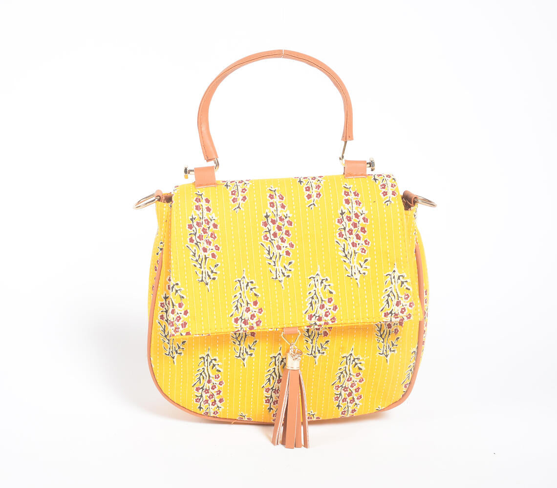 Printed Yellow Floral Handbag with Tassel-0