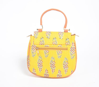 Printed Yellow Floral Handbag with Tassel-1