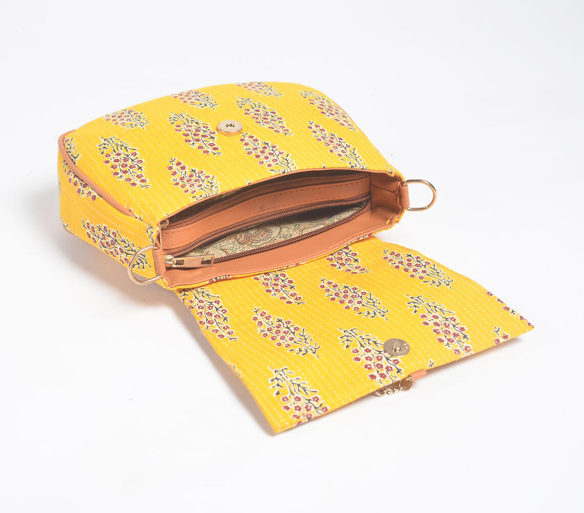 Printed Yellow Floral Handbag with Tassel-2