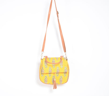 Printed Yellow Floral Handbag with Tassel-3