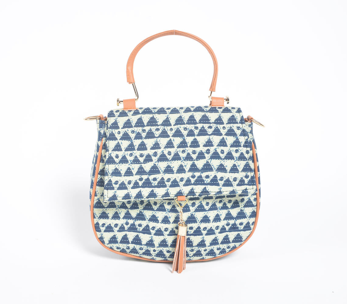 Indigo Triangle Printed Handbag with Tassel-0