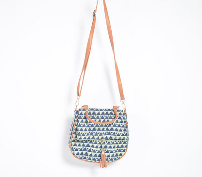 Indigo Triangle Printed Handbag with Tassel-3