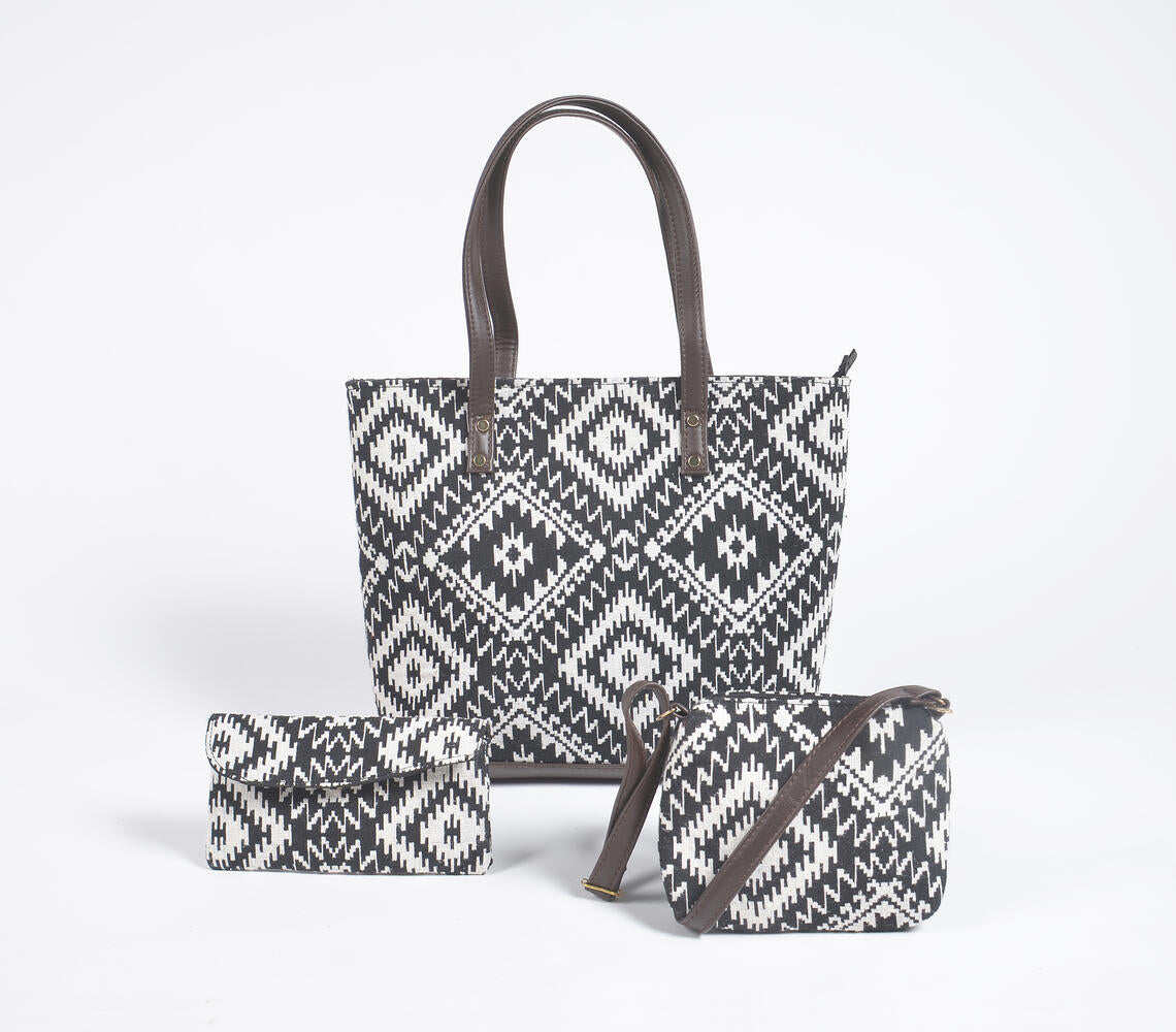 Jacquard Weave Monotone Tote, Sling &amp; Wallet Set-0