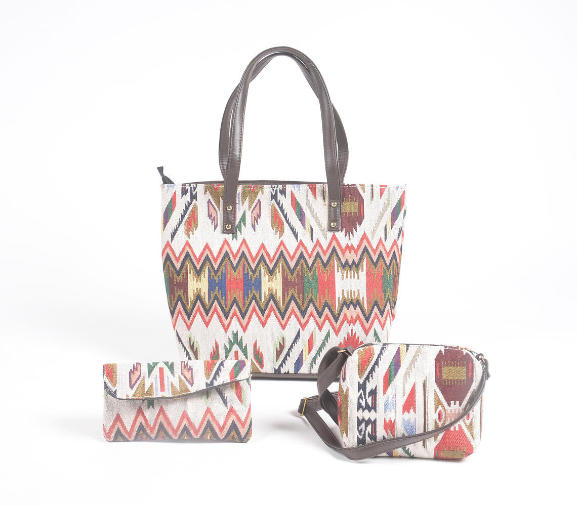 Jacquard Weave Tote, Sling &amp; Wallet Set-0