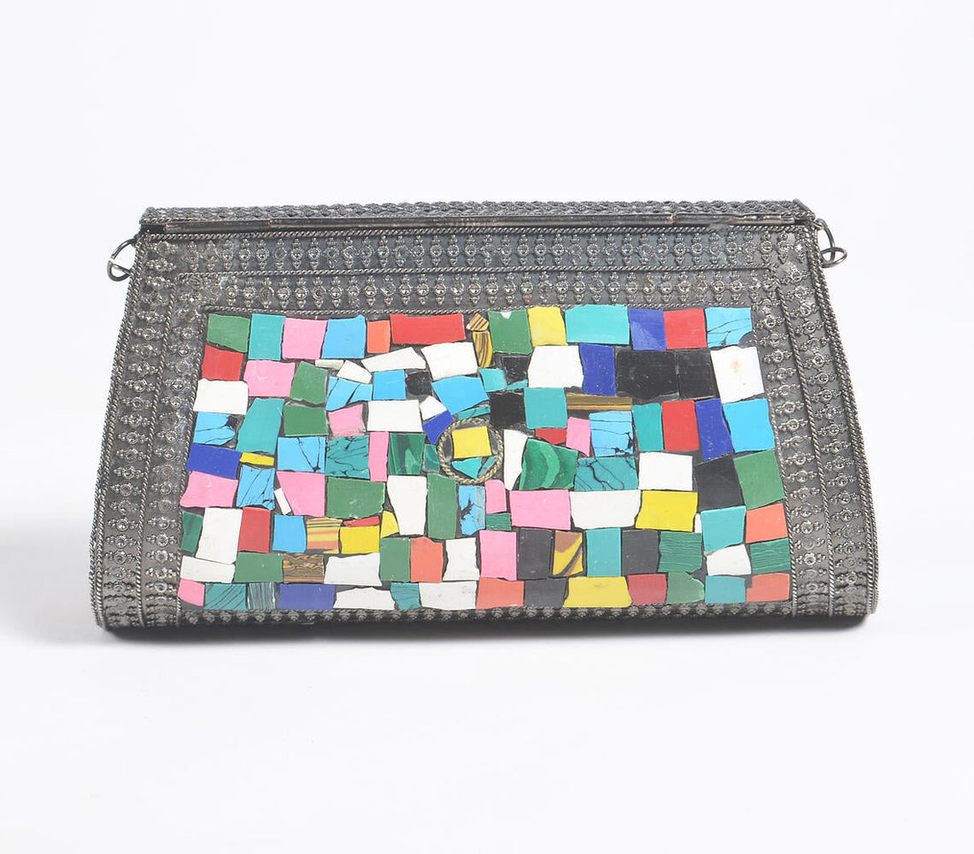 Mosaic Antique Silver-Toned Metal Clutch with Chain Sling-1