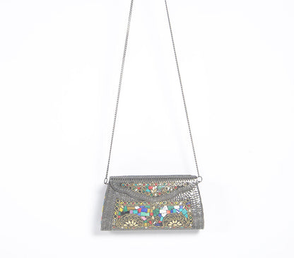 Mosaic Antique Silver-Toned Metal Clutch with Chain Sling-2