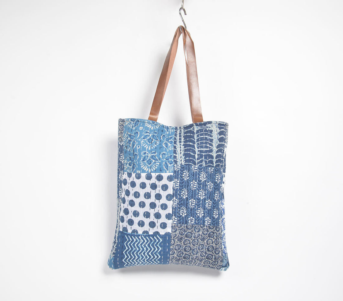 Abstract Indigo Patchwork &amp; Kantha Tote Bag-0