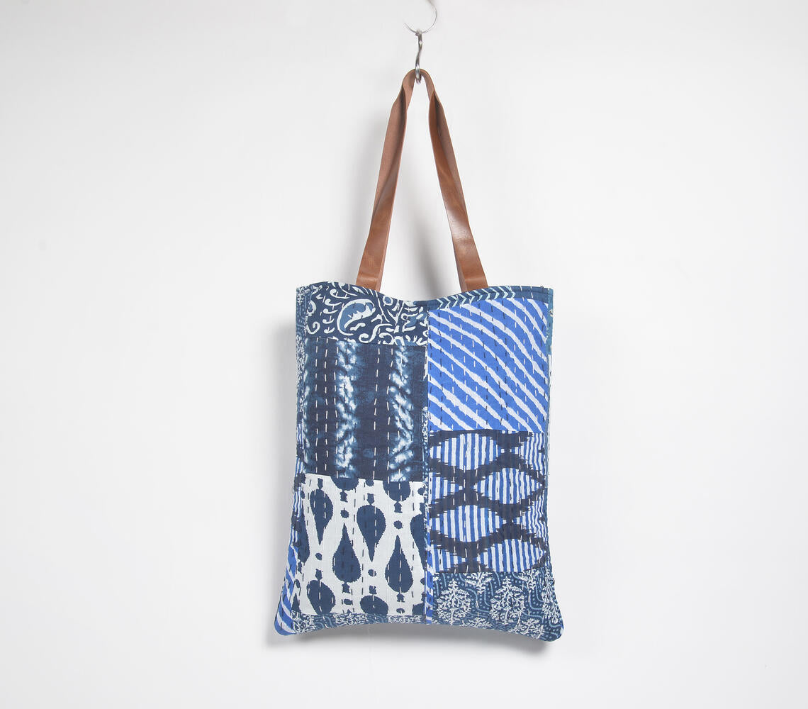 Abstract Indigo Patchwork &amp; Kantha Tote Bag-1