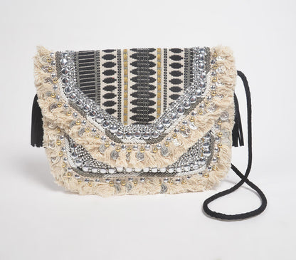 Metallic Sequin Embellished &amp; Fringed Sling bag-0