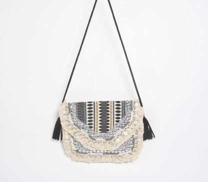 Metallic Sequin Embellished &amp; Fringed Sling bag-2