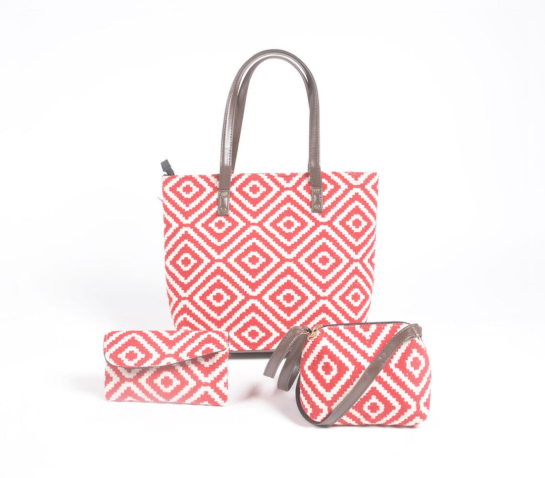 Jacquard Weave Crimson Tote, Sling &amp; Wallet Set-0